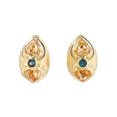 Paire de boucles d'oreilles Vintage  en or jaune, citrine et saphirs