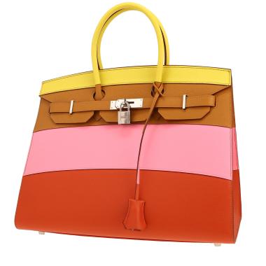 Sac à main Hermes Birkin 35 cm Sunrise Rainbow en cuir epsom jaune Lime , Rose Confetti beige Sésame et marron Terre
