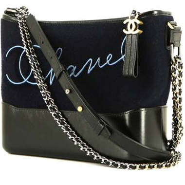 Sac bandoulière Chanel Gabrielle Collection Paris-Hamburg en laine bleu-marine et cuir noir